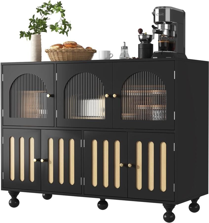 Merax Zwart Design Dressoir – Moderne Opbergkast met Changhong Glazen Deuren & Klaviertoon Ontwerp – 120 x 40 x 90 cm – Stijlvolle Buffetkast met Ronde Poten voor Woonkamer of Eetkamer