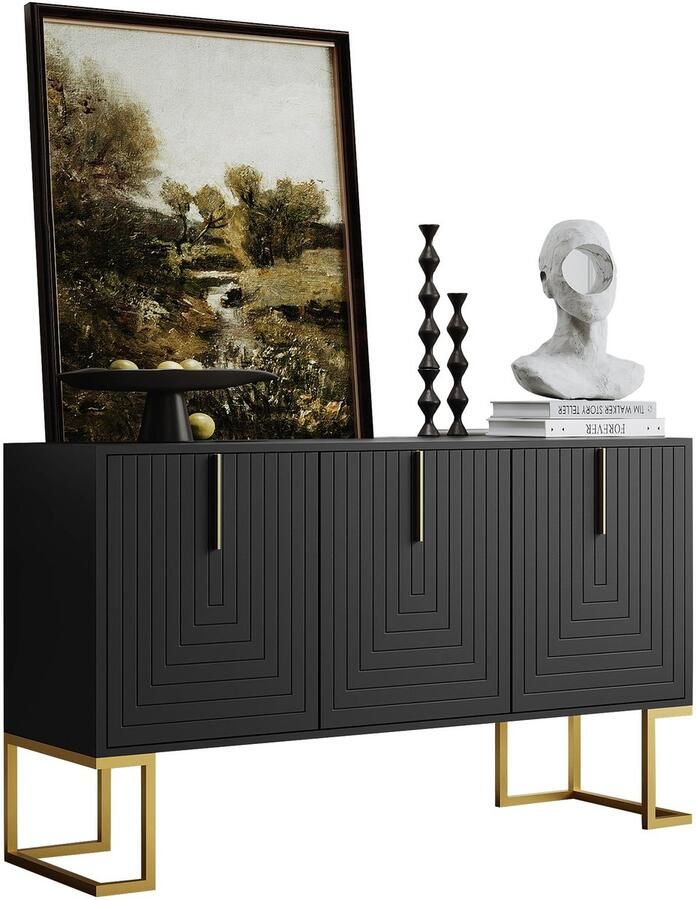 Merax Zwart Dressoir met 3 Deuren Verstelbare Planken en Gouden Metalen Poten – Moderne Opbergkast 138 x 40 x 80 5 cm – Buffetkast voor Woonkamer Keuken of Eetkamer