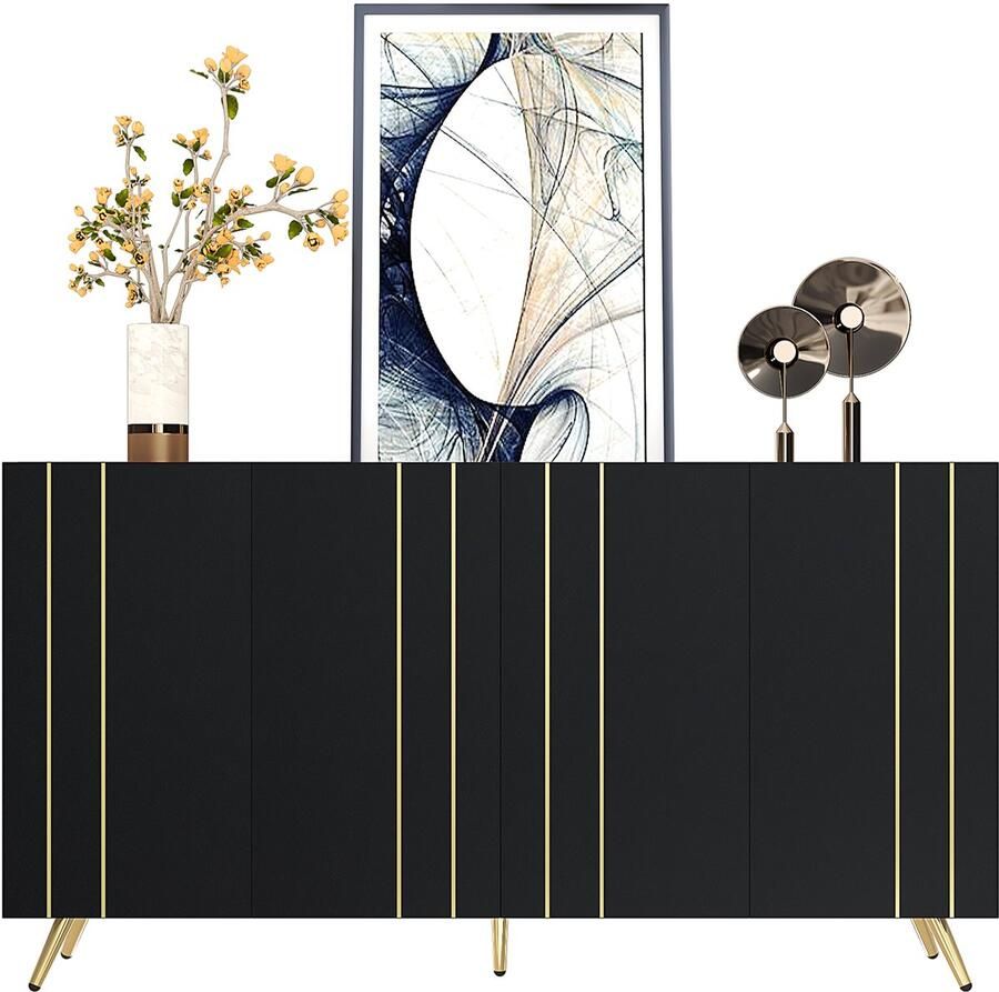 Merax Zwart Dressoir met 4 Deuren en Verstelbare Planken – Moderne Opbergkast met Gouden Accenten en Softclose – Buffetkast voor Woonkamer – 160 x 38 x 80 cm