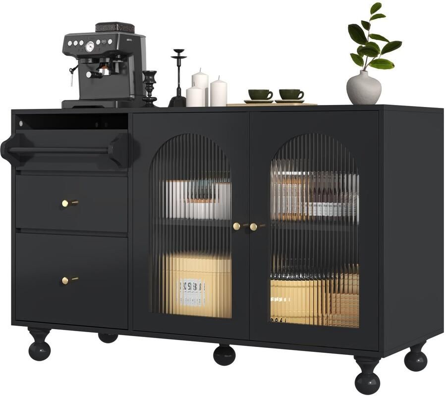 Merax Zwart Dressoir met Glazen Deuren en Handdoekhouder – Sideboard 120x40x75 5 cm – Opbergkast met Changhong Glas – Voor Keuken Eetkamer of Woonkamer – Modern & Stijlvol
