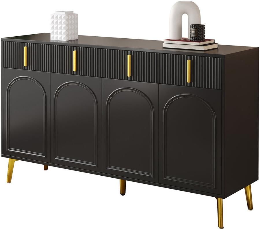 Merax Zwart Dressoir met Gouden Handgrepen – 4 Deuren & 4 Lades – Luxe Opbergkast met Verstelbare Planken – 140x37 8x82 cm – Sideboard voor Woonkamer & Eetkamer