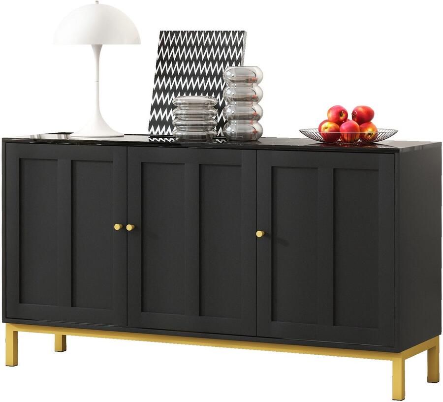 Merax Zwart Dressoir met Marmerlook Blad – 3-Deurs Opbergkast – Sideboard 140x40x80 cm – Modern Design met Messing Handgrepen – Voor Woonkamer Keuken of Hal