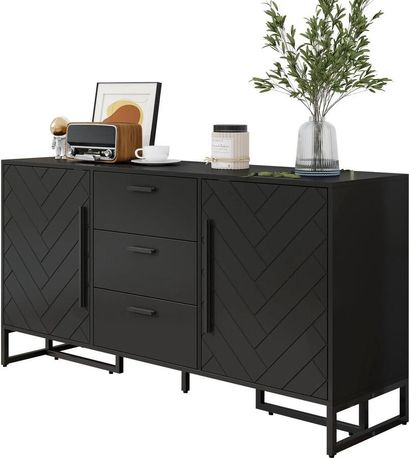 Merax Zwart Dressoir met Visgraatmotief – 145 cm – Kast met 2 Deuren en 3 Lades – Moderne Opbergkast – Mat Zwart