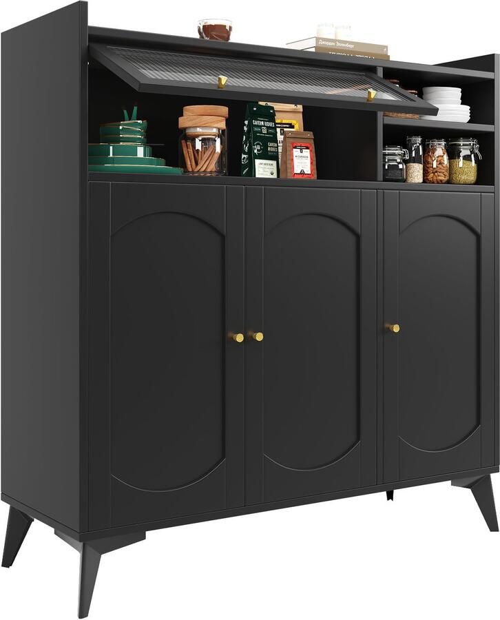 Merax Zwart Dressoir – Moderne Opbergkast met Glazen Deuren en Gouden Handgrepen – 120 x 39 8 x 118 5 cm – Hoge Kast voor Woonkamer of Eetkamer – MDF Kast met Veel Opbergruimte