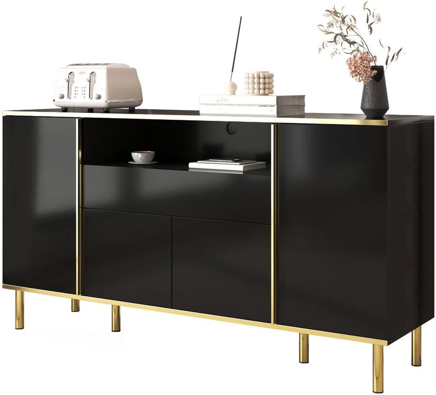 Merax Zwart Hoogglans Dressoir Met Lade En LED Verlichting Sideboard Met Deuren En Gouden Accenten 150x40x80 Cm