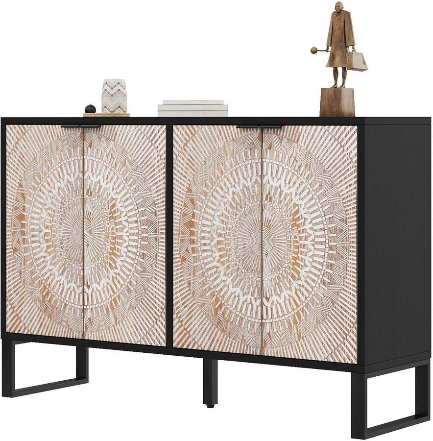 Merax Zwart Houten Dressoir met 4 Deuren – Gesneden Fronten Binnenplanken Verstelbare Poten & Metalen Handgrepen – 120 x 35 x 79 5 cm