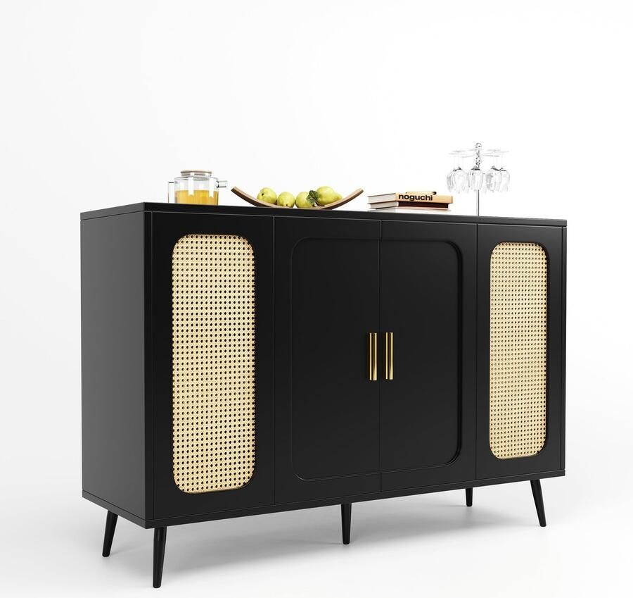 Merax Zwart Sideboard met Rattan Deuren – 120 cm Opbergkast met Verstelbare Planken en Anti-Kantel Systeem – Buffetkast voor Woonkamer Hal of Keuken