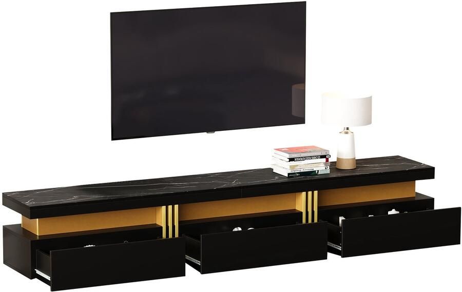 Merax Zwart TV Wandmeubel – TV Meubel + Salontafel Set – Wandkast voor Woonkamer met Marmerlook Blad en Lades – Geschikt voor TV tot 90 inch - Foto 2