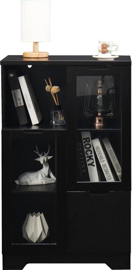 Merax Zwarte Buffetkast Met Glazen Deuren En Lade 100 cm Opbergkast MDF Met Open Vakken Voor Woonkamer Of Slaapkamer