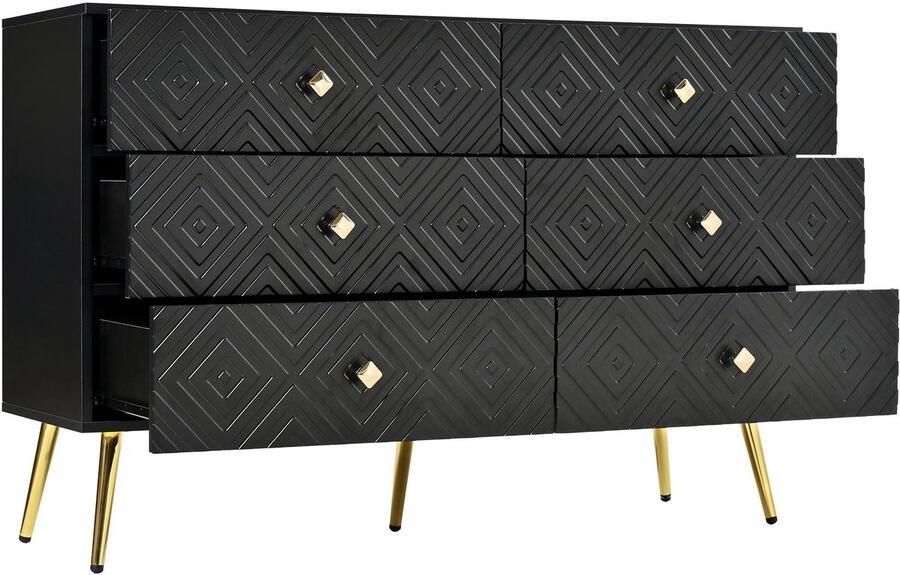 Merax Zwarte Commode Met 6 Lades En Gouden Poten 120x40x80 cm – Moderne Ladekast Voor Slaapkamer Of Woonkamer