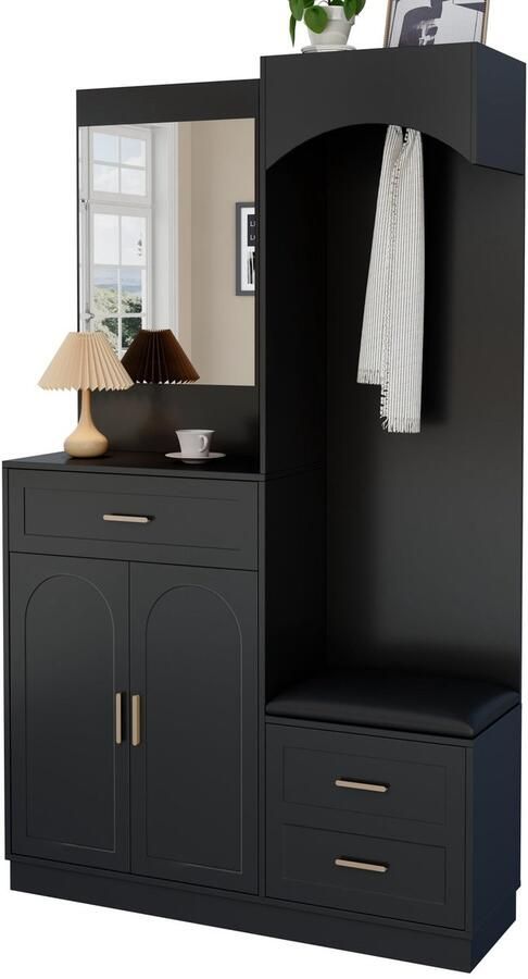Merax Zwarte Garderobekast met Spiegel Moderne Hal Kast met Schoenenkast en Zitbank Multifunctioneel Opbergmeubel met Verstelbare Planken 110 x 33 x 185.5 cm