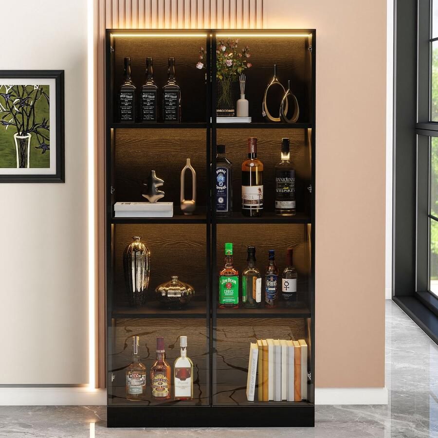 Merax Zwarte glazen vitrinekast 70x40x160 cm stofdichte LED-glazen vitrine met deuren van gehard glas verzonken warmgele lichtbalk