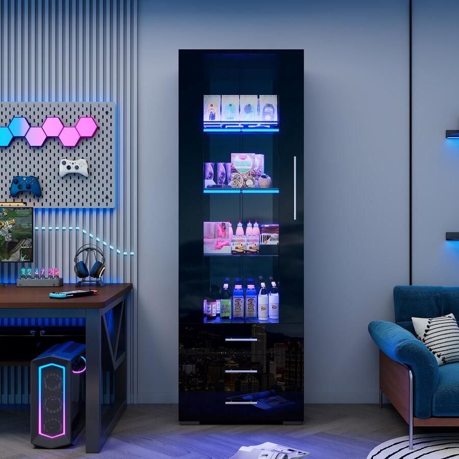 Merax Zwarte hoogglans vitrine glazen vitrine verticale vitrine met LED-verlichting verticale vitrine met 3 laden 60 x 35 x 180 cm