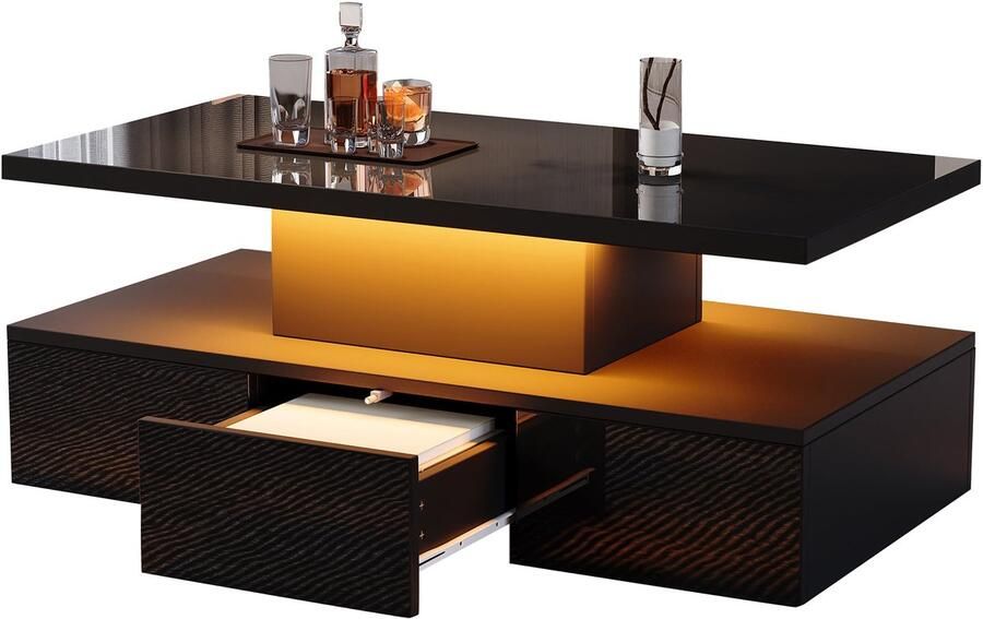 Merax Zwarte LED Salontafel – Moderne Hoogglans Koffietafel met Opbergruimte Lade & 16 Kleuren Verlichting – Woonkamertafel met Afstandsbediening