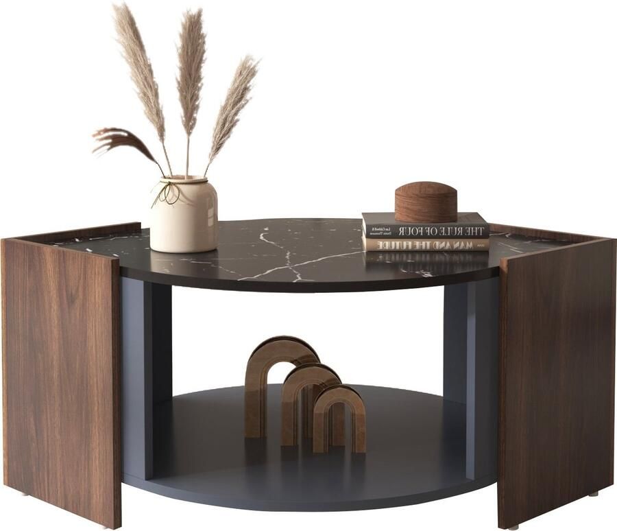 Merax Salontafel van Zwart Marmerlook en Walnoot Bruin – Uniek Design met Ruime Opbergruimte