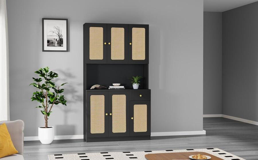 Merax Zwarte Rattan Buffetskast – Highboard met 6 Rattan Deuren Zwarte Lade en Open Opslagruimte in het Midden – Geschikt als Dressoir Halmeubel Woonkamer- of Eetkamerkast
