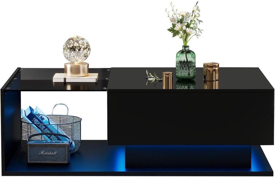 Merax Zwarte Salontafel Hoogglans met Glasplaat en Lade – 100x50x32 cm – Bijzettafel met LED-Verlichting – Moderne Design Tafel met Opbergruimte
