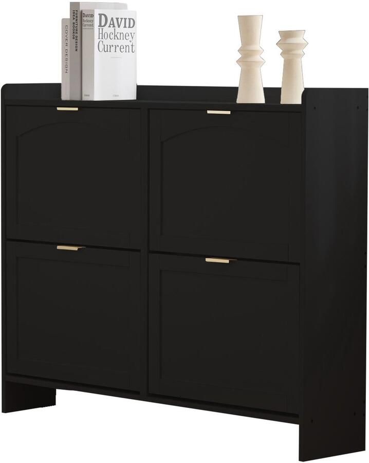 Merax Zwarte Schoenenkast met 4 Klepvakken Vrijstaande Schoenenkast met Open Opbergvakken Moderne Kast voor Hal of Entree 110 x 24 x 90 cm Inclusief Antikantel Beveiliging