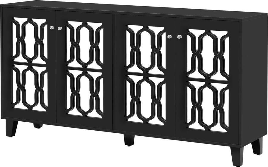 Merax zwarte spiegelkast 160x40x84 cm – dressoir met 4 deuren kristallen grepen en verstelbaar laminaat – geschikt voor woon- en eetkamer - Foto 4