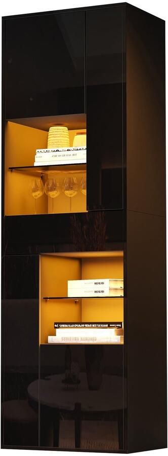 Merax Zwarte Vitrinekast met LED Verlichting Hoge Opbergkast met Glasplanken en 1 Lade Hoogglans Kast met Verstelbare Planken 55 x 38 x 170 cm