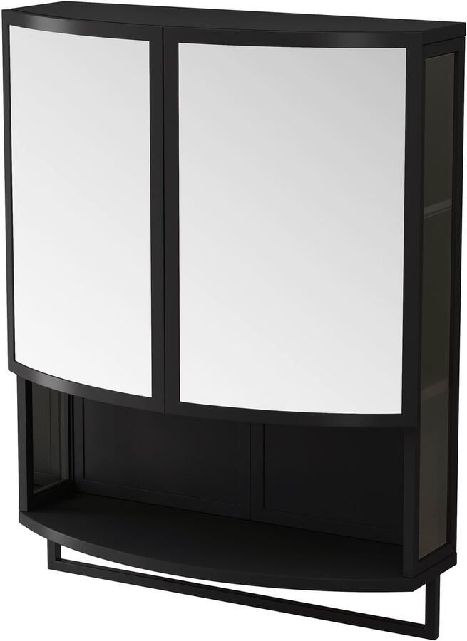 Merax Zwarte Wandkast met Spiegeldeuren 60CM Moderne Gebogen Dubbele Deur Kast met Open Plank en Handdoekrek Veilig Breukvrij Spiegeloppervlak Voor Badkamer Hal Woonkamer of Eetkamer