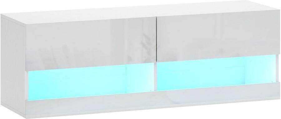 Merax zwevend tv-meubel met LED-verlichting – 120 cm – wandgemonteerde tv-kast met lade & open vakken – wit hoogglans – afstandsbediening – geschikt tot 50 inch