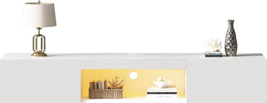 Merax Zwevend TV Meubel – Wandmeubel met LED Verlichting en Bluetooth – Mat Wit met Hoogglans Deuren – Geschikt voor TV s tot 70 Inch – 160 cm