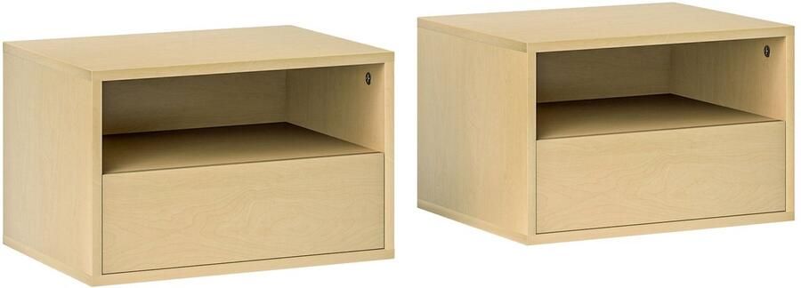 Merax Zwevende Nachtkastjes – Set van 2 – Wandmontage – Met Lade en Open Vakschap – Hangend Nachtkastje Hout – 45x35x27 5 cm – Licht Hout