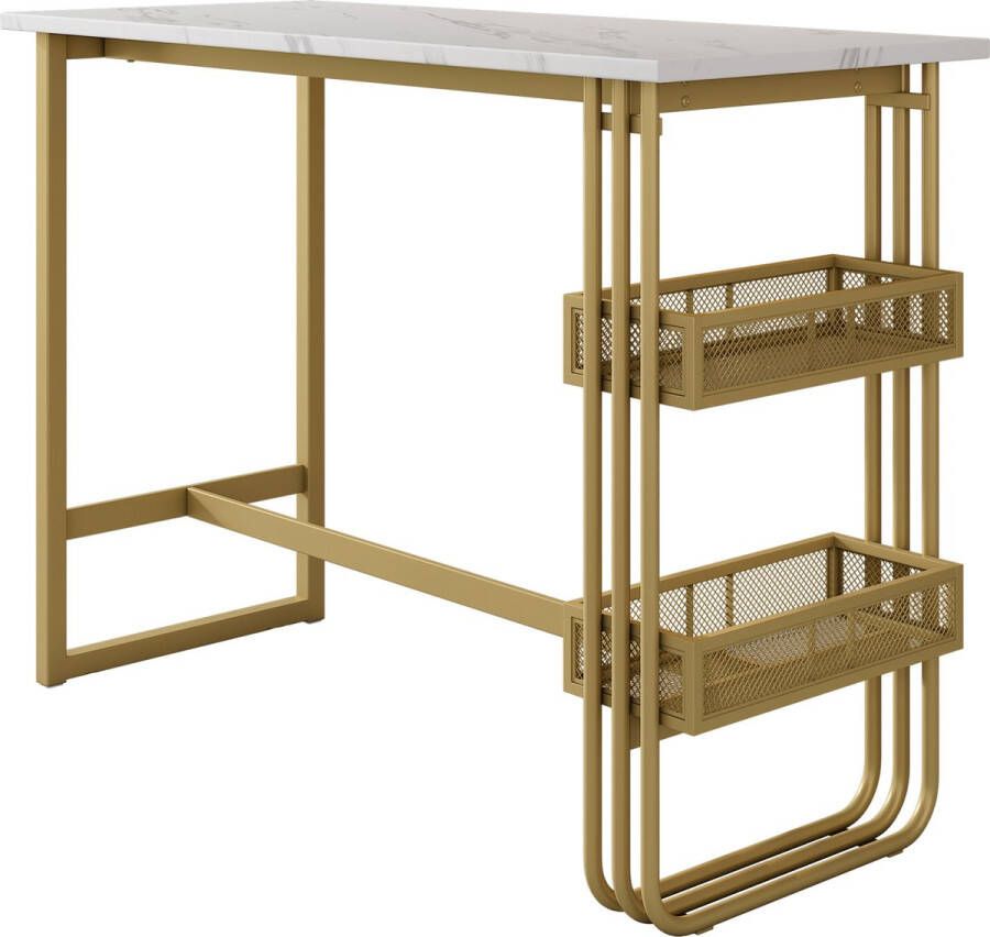 Merax Moderne Rechthoekige Bartafel met Opbergruimte Luxe Eettafel Bar 120*48 cm Tafel met Verstelbare Metalen Poten Wit met Goud