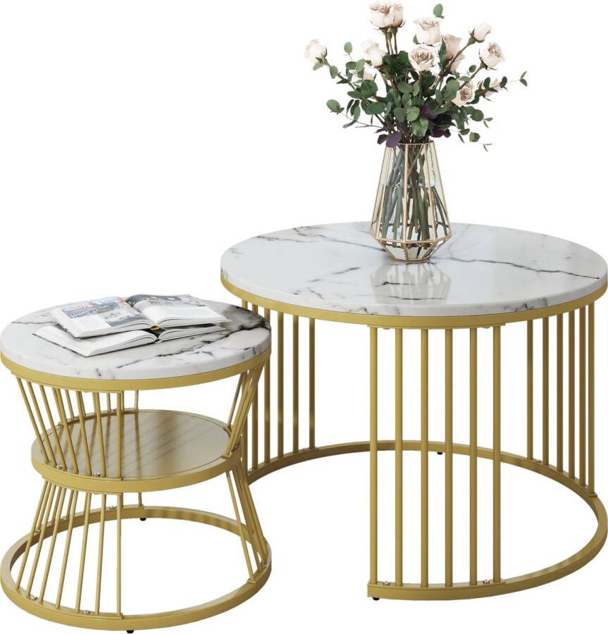 Merax Moderne Salontafel Marmer Look Salontafels Set van 2 Wit met Goud