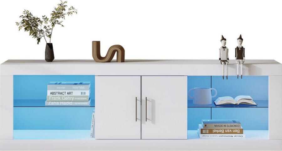 Merax Moderne TV Meubel voor 60 Inch Televisie TV-Meubel met LED Verlichting Hoogglans Wit