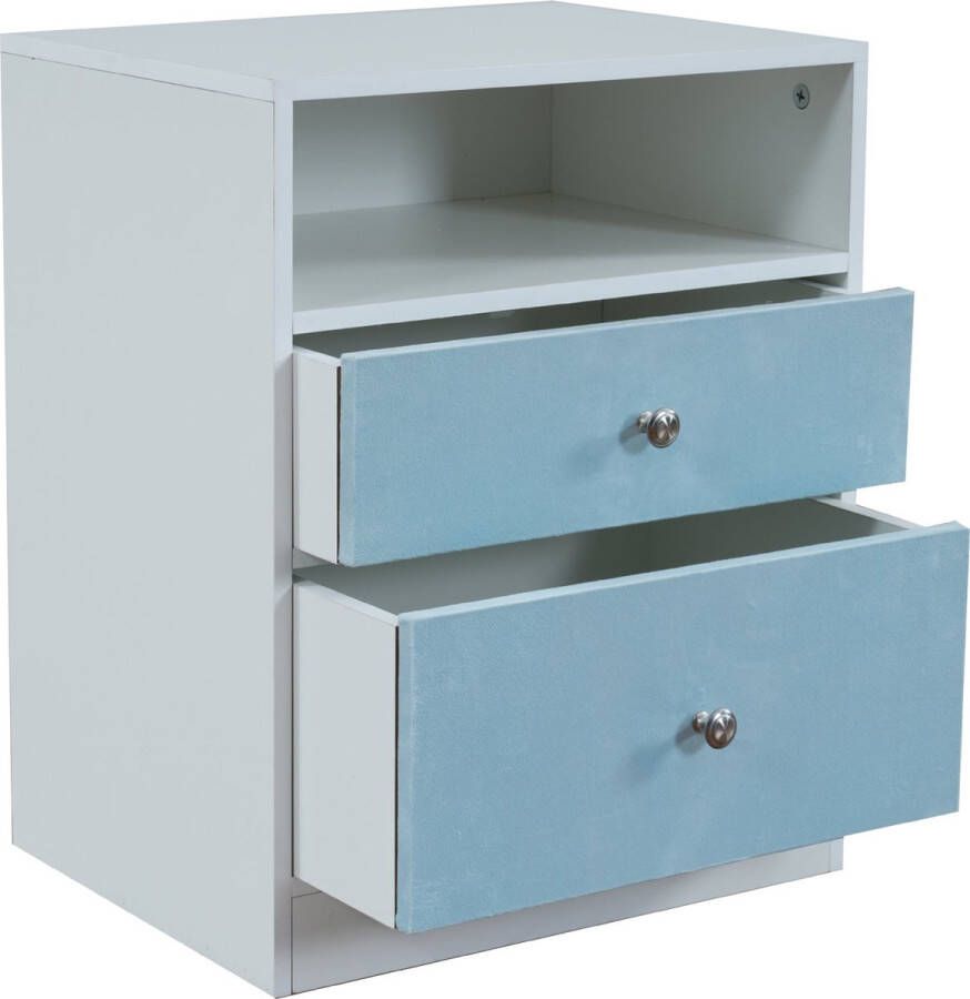 Merax Nachtkastje met 2 Lades en Opbergvak Blauw Velvet en Wit Hout