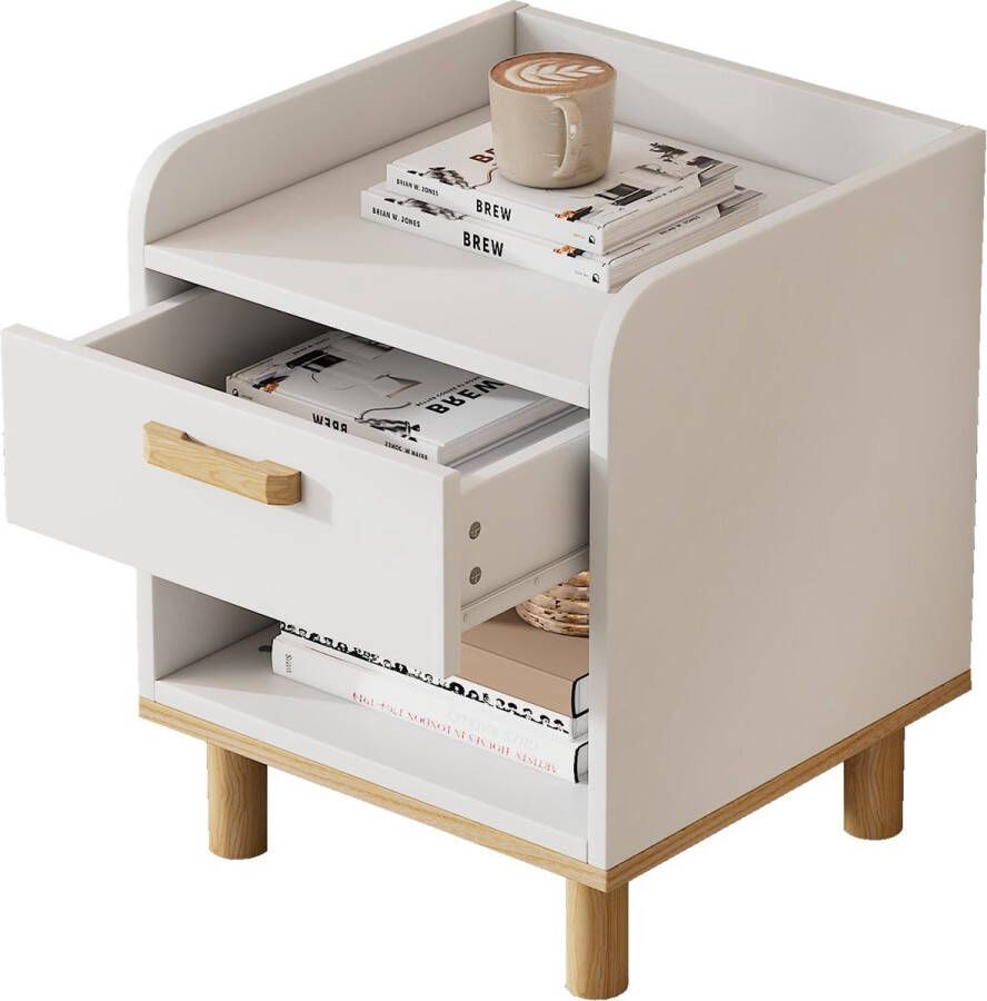 Merax Nachtkastje met Lade en Opbergvak Minimalistisch Design 40x35x50 cm Wit met Natuurlijk Hout