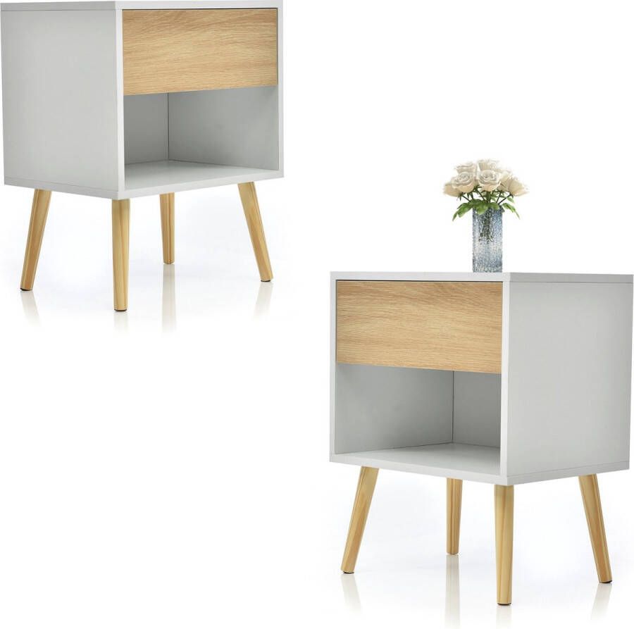 Merax Nachtkastjes Set van 2 met Lade FSC -gecertificeerd Bijzettafel met Opbergvak Wit met Naturel Hout
