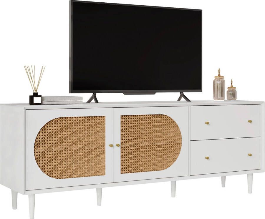 Merax Rattan TV-Meubel TV Kast met Lades en Deuren Wit met Bruin