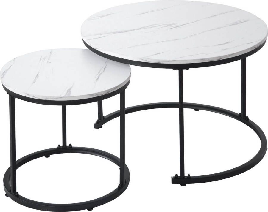 Merax Ronde Salontafels Set van 2 Marmerlook Salontafel Salontafelset Bijzettafel Wit met Zwart