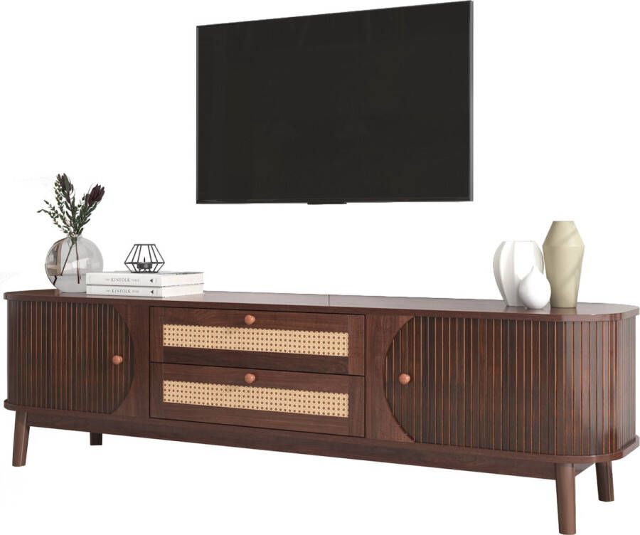 Merax Rotan TV Meubel van Hout Kast met Schuifdeuren en Lades Bruin