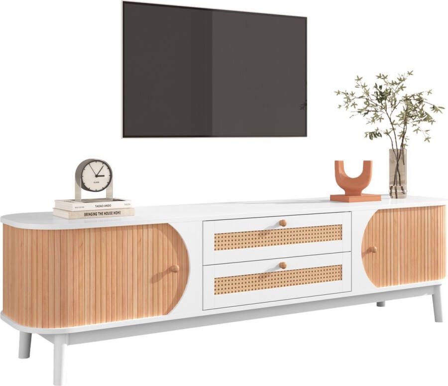 Merax Rotan TV Meubel van Hout Kast met Schuifdeuren en Lades Wit met Bruin