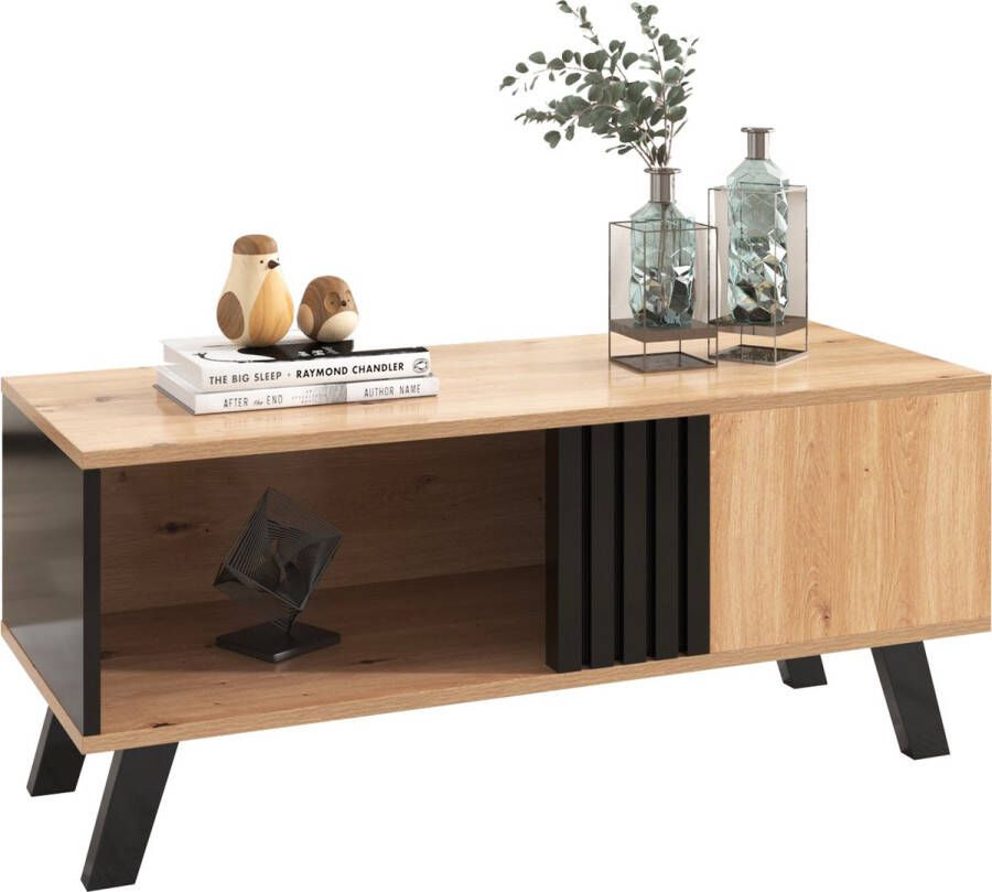 Merax Salontafel 100x60x53 Bijzettafel Tafel met Opbergruimte Houtlook met Zwart