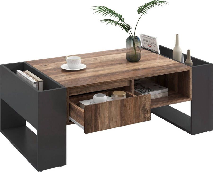 Merax Salontafel met Opbergruimte – Houtlook – Met Lade Open Vakken & Dubbelzijdige Opslag – 111x60x40 cm – Antraciet