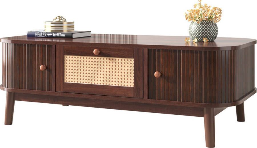 Merax Salontafel Rotan Salontafels met Schuifdeuren en Lade Bruin
