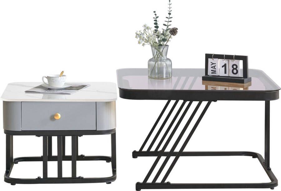Merax Salontafel Set van 2 Luxe Salontafels met Marmer Tafelblad van Glas Wit met Zwart