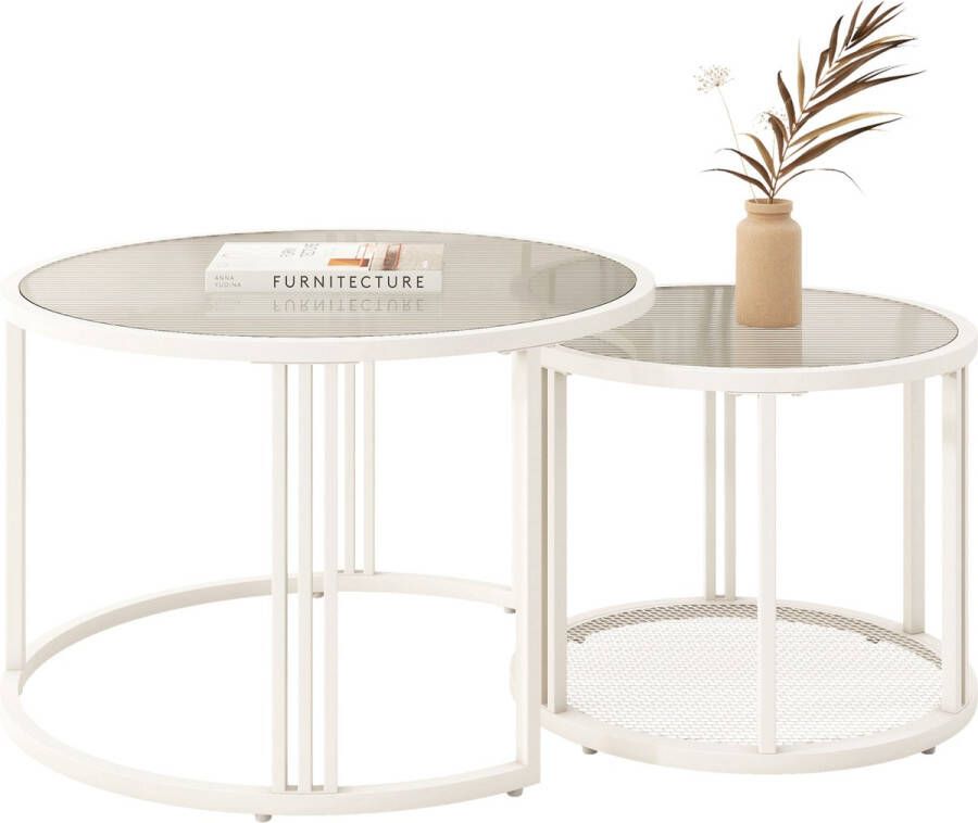 Merax Salontafel Set van 2 Ronde Salontafels met Glazen Tafelblad Wit - Foto 2