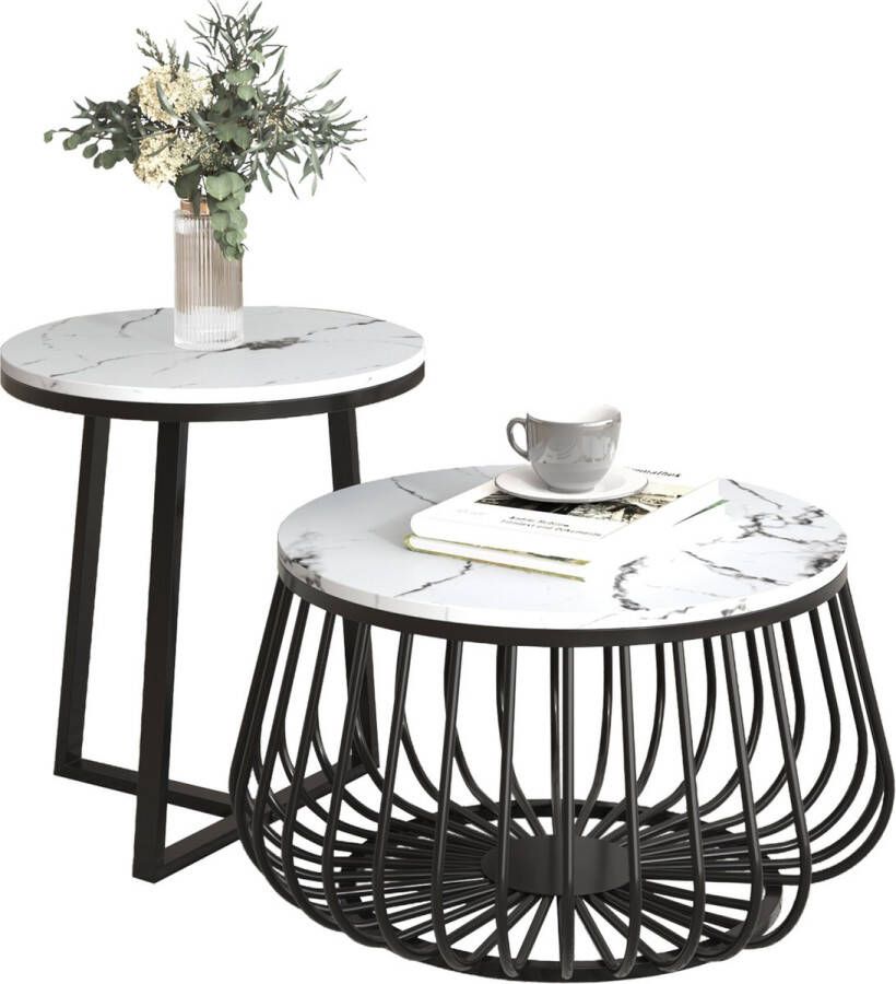 Merax Salontafel Set van 2 Salontafels met Marmer Look Incl. Huisdier Plek Wit met Zwart