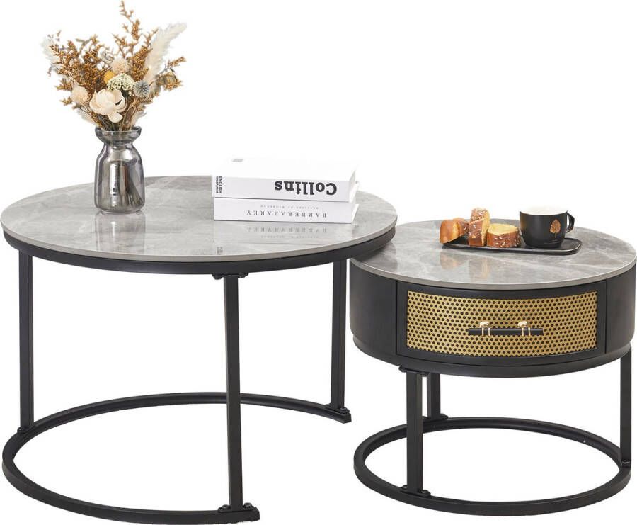 Merax Salontafel Set van 2 Salontafels met Marmeren Blad en Lade Grijs met Zwart en Goud