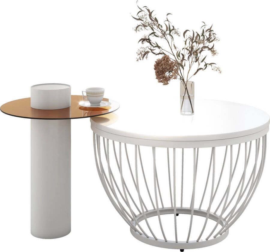 Merax Salontafel Set van 2 Salontafels Rond Bijzettafel met Glazen Tafelblad Wit