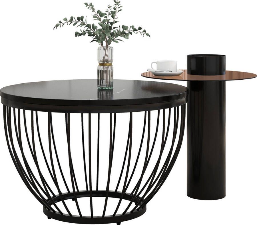 Merax Salontafel Set van 2 Salontafels Rond Bijzettafel met Glazen Tafelblad Zwart
