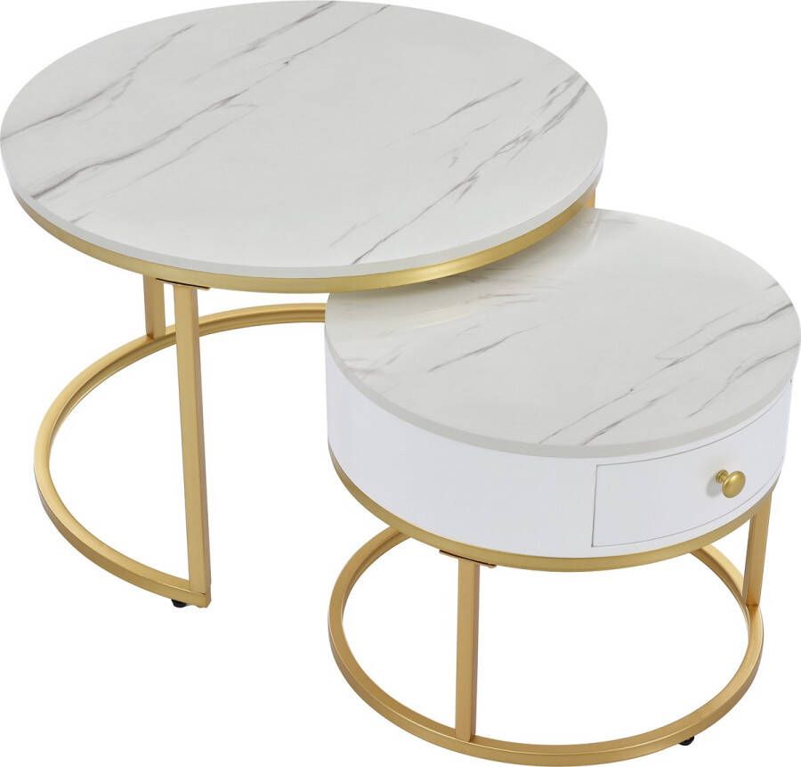 Merax Salontafel Set van 2 Salontafels Rond Marmer Bijzettafel met Lade Wit met Goud