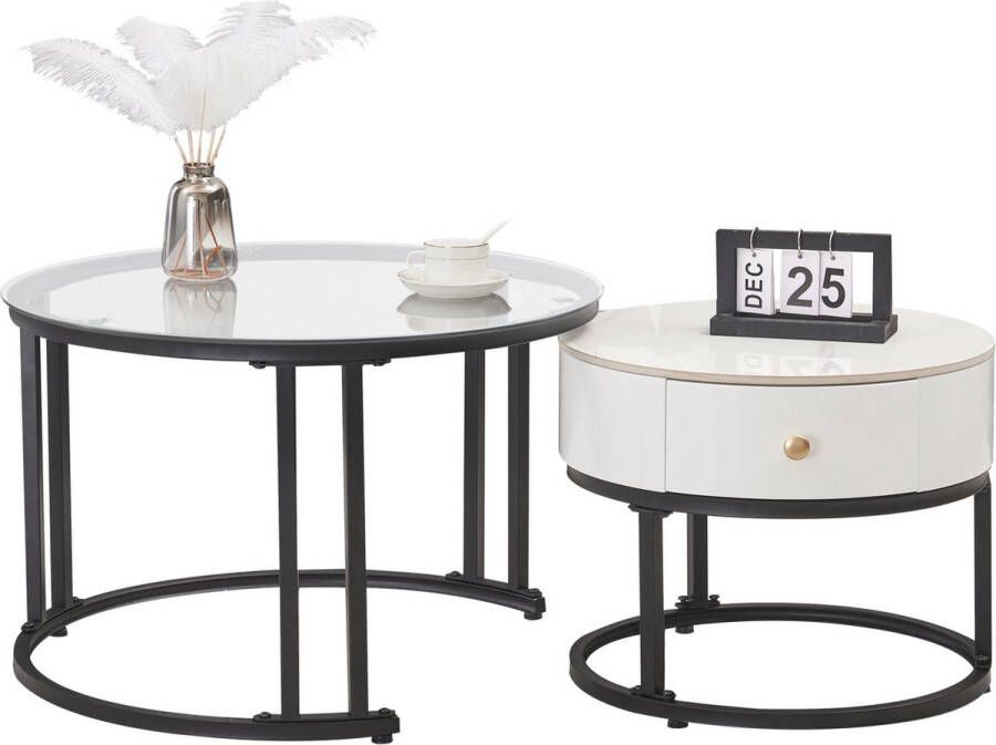 Merax Salontafels Set van 2 Salontafel met Glazen Blad en Lade Wit met Zwart - Foto 2