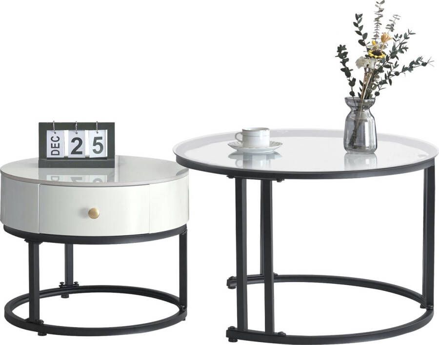 Merax Salontafels Set van 2 Salontafel met Glazen Blad en Lade Wit met Zwart